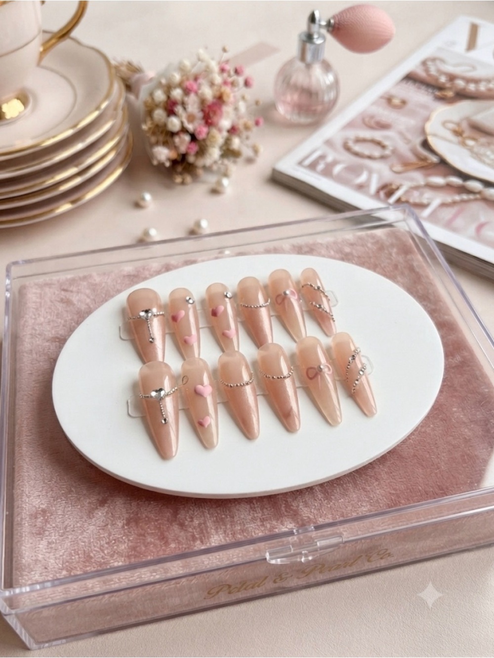 Nude Pink Stiletto Press-On Nails with Heart Accents